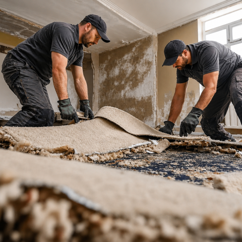 Old carpet being removed from a residential room in Chicago